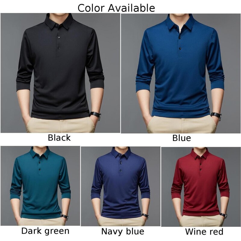 Camisa formal de negócios masculina, tops slim fit com gola de botão, camiseta manga longa, vermelho vinho, blusa preta