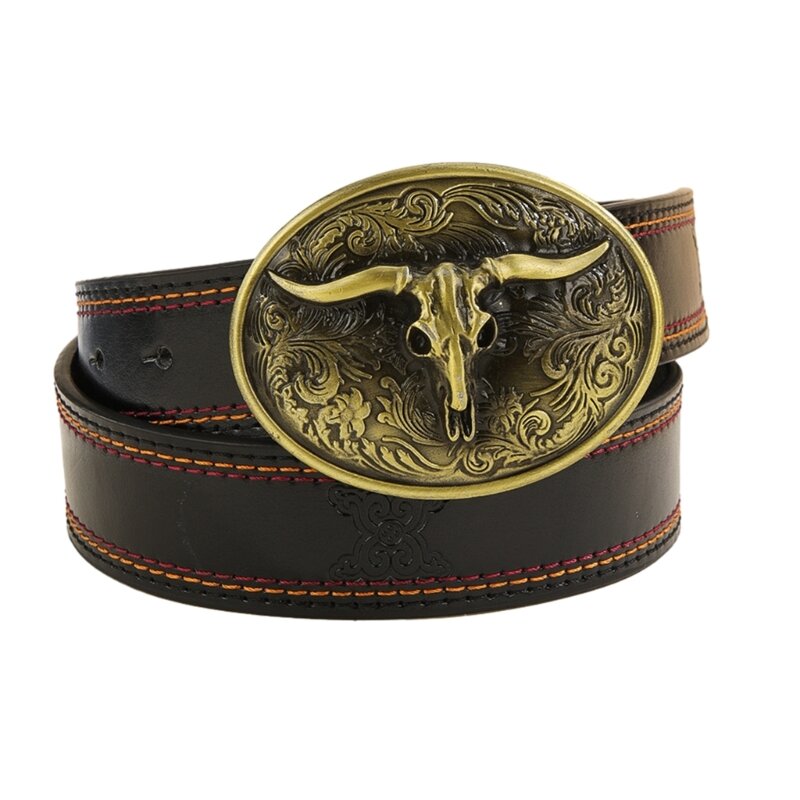 Cintura con fibbia da cowboy in pelle PU occidentale per uomo donna Jeans Cintura con fibbia in toro in metallo floreale