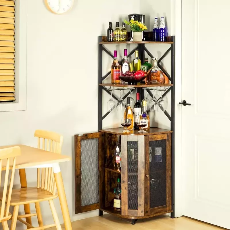 Armario de barra esquinero con luces LED, armario de vino de 5 capas con soportes de vidrio, estantes ajustables, para almacenar licor y vino