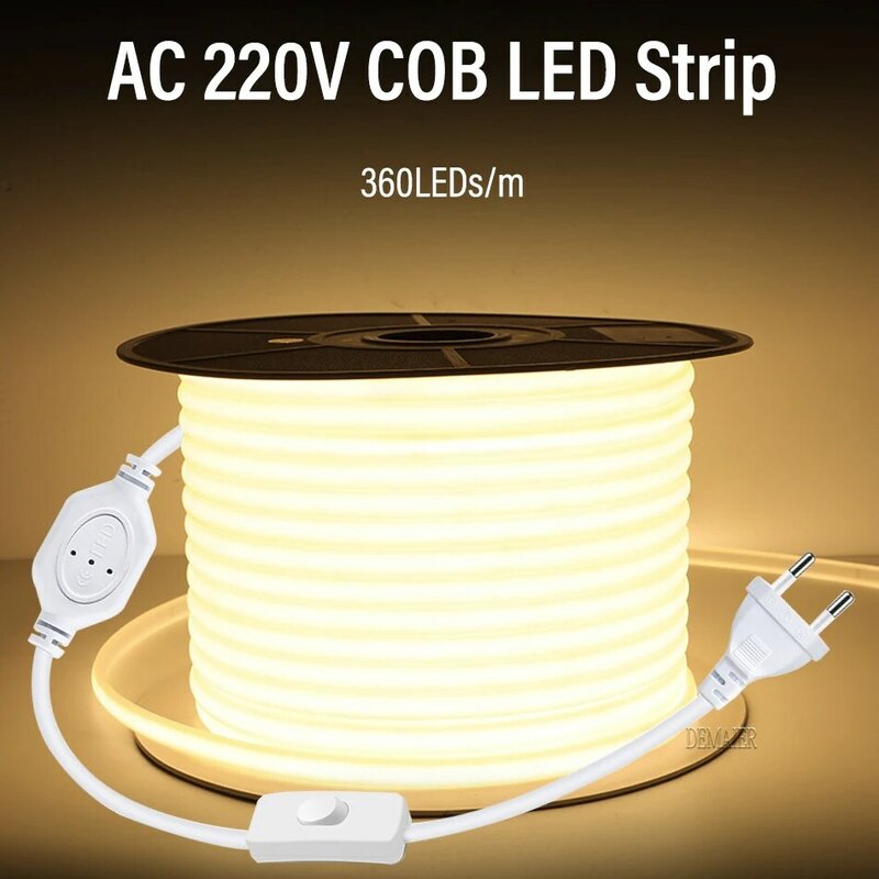 Bande lumineuse LED COB, 220V, 360 diodes/M RA 90, haute luminosité, 3000K, 4000K, 6000K, flexible, blanc chaud