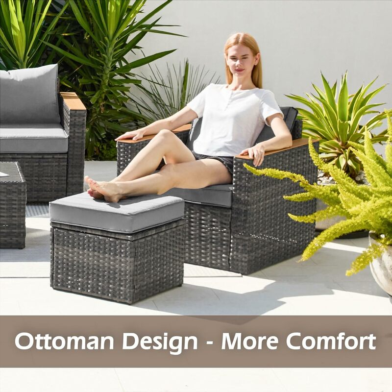 Set furnitur teras pemasangan cepat eksklusif dengan Ottoman, Set percakapan Sofa teras luar ruangan anyaman tahan lama
