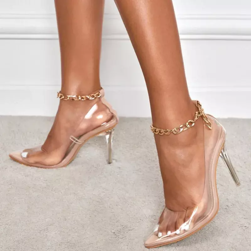 Sandal transparan rantai logam mode wanita hak tinggi baru musim panas kulit PU ujung runcing seksi hak tinggi wanita Zapatos De Mujer
