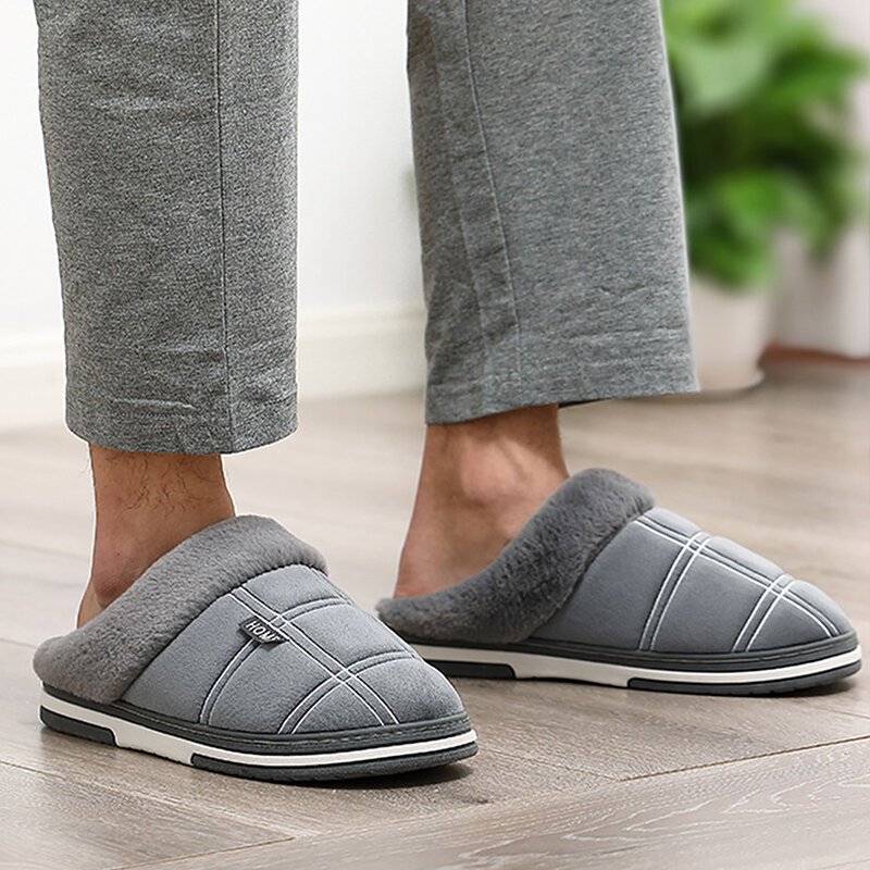 Zapatillas de casa cálidas para hombre, pantuflas de felpa corta de fondo grueso, cómodas y suaves, de interior, talla grande, nuevo estilo, Invierno