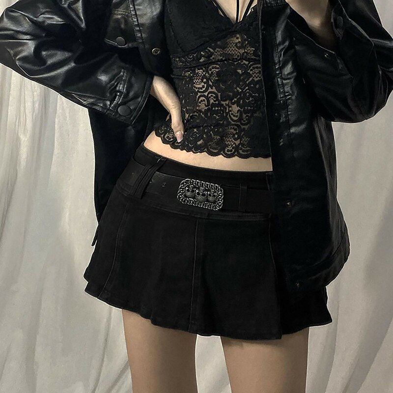 Goth Black Micro Röcke Low Rise Pocket Patchwork eine Linie Rock Vintage Harajuku Streetwear Stil Y2k Mini Halbkörper Röcke