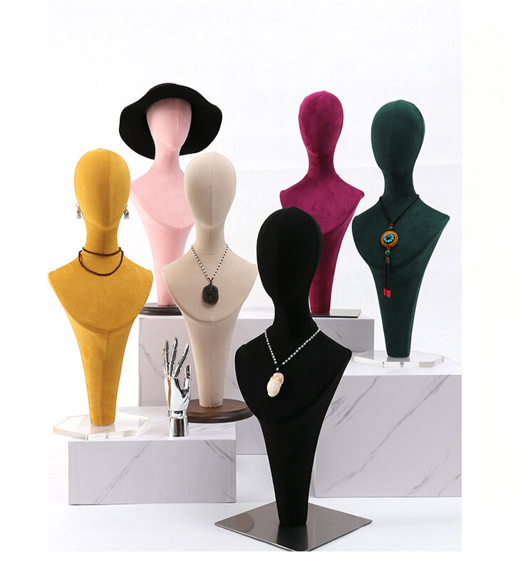 Cabeza de exhibición de pelucas de tela de gamuza colorida, cabeza de maniquí femenino de cuello largo para exhibición de peluca y sombrero