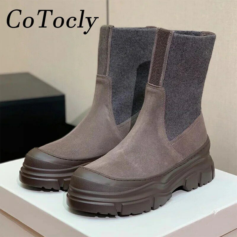 Luxury Quality Cow Suede Motorcycle Boots Women Round Toe Flat Platform Shoes Female Thick Sole String Bead Short Boots Woman