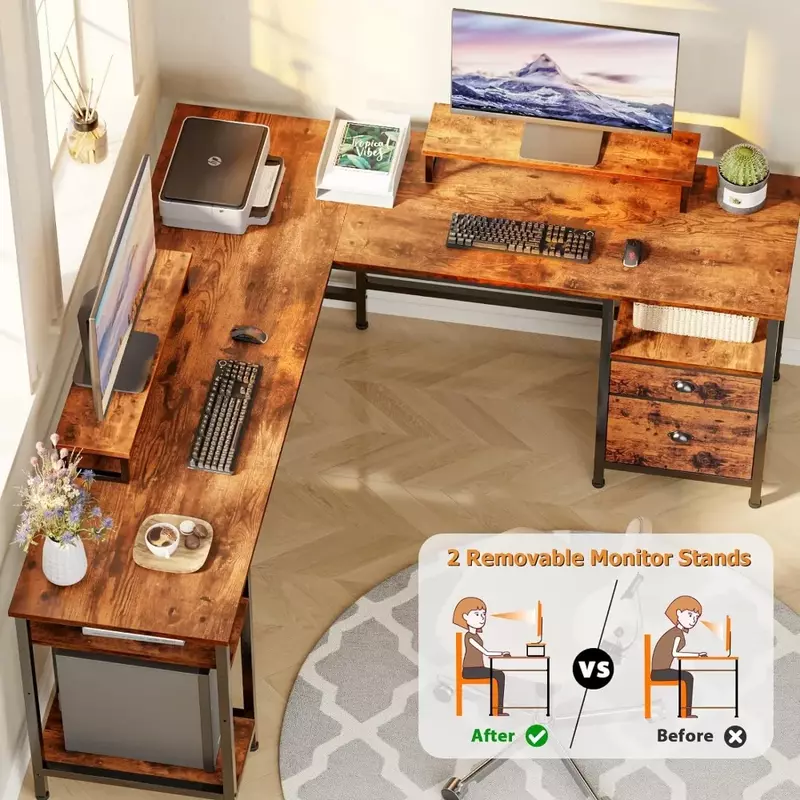 โต๊ะคอมพิวเตอร์รูปตัวแอล66 "พร้อมชั้นวางโต๊ะเล่นเกมพับได้มุมพร้อมลิ้นชักและขาตั้งจอคู่สีน้ำตาลชนบท