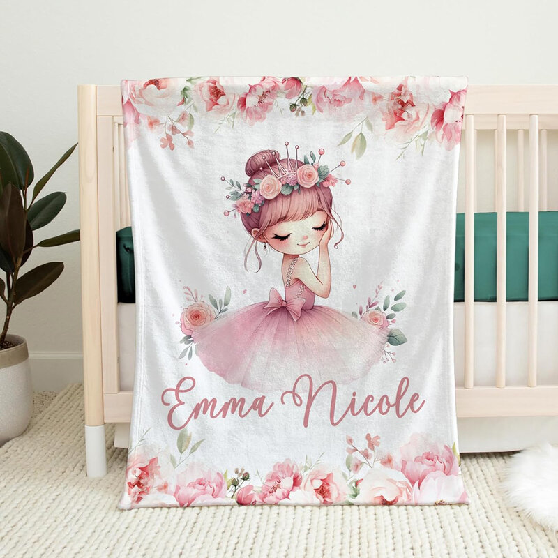 Coperta personalizzata per neonata-tema balletto rosa, stampa floreale morbida, regalo personalizzato per bambini, coperta da balletto personalizzata