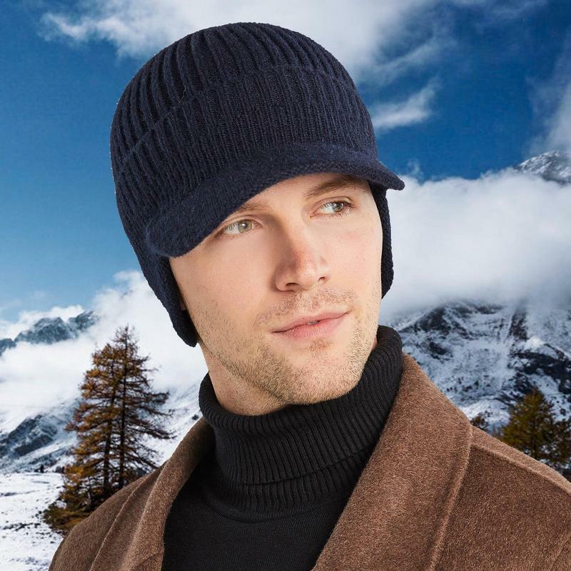 男性用冬用ビーニーハット、つば、ダブルニット手錠、暖かいイヤーフラップキャップ、バイザー付きニットnewsboyハット