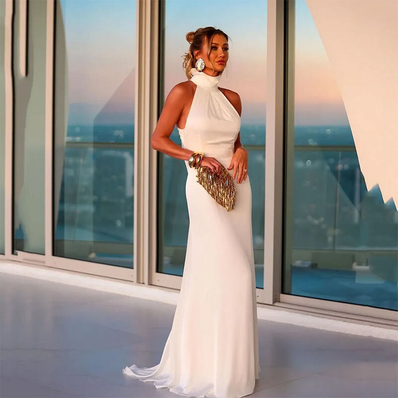 Женское вечернее платье со шлейфом It's yiiya, белое платье с открытой спиной и лямкой на шее на лето 2019