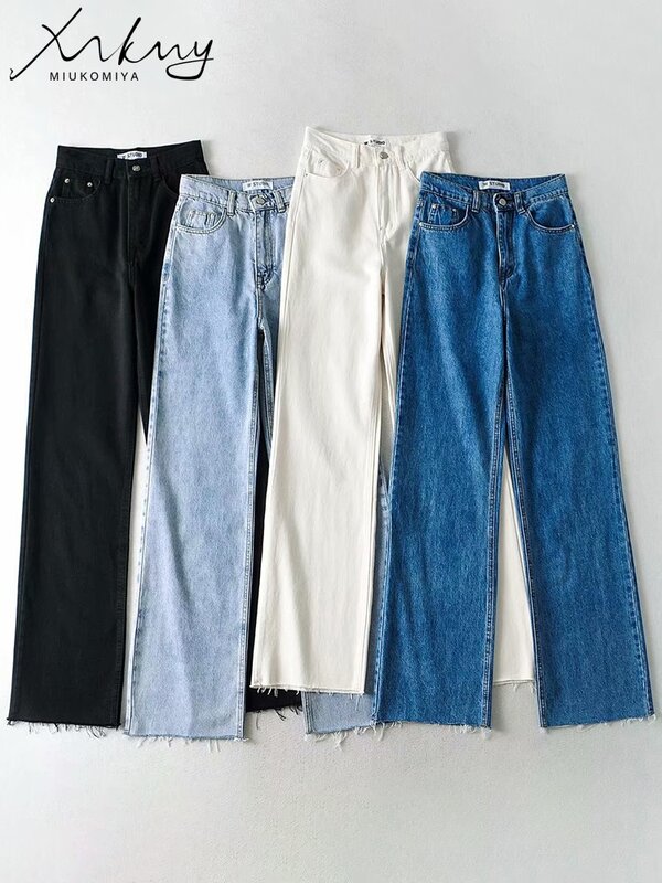 MiuKoMiYa-pantalones vaqueros rectos para mujer, ropa de calle de cintura alta, color azul claro, de pierna ancha, 2023