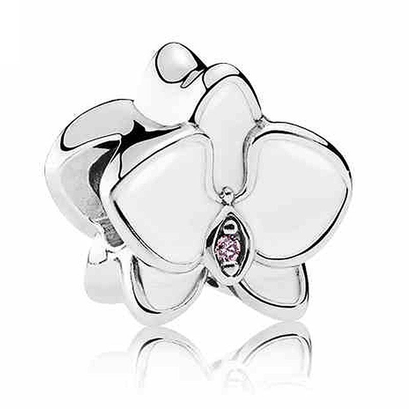 Moments-abalorio de plata de ley 925 con flor de Orquídea de esmalte blanco y rojo, compatible con pulsera Pandora, joyería artesanal
