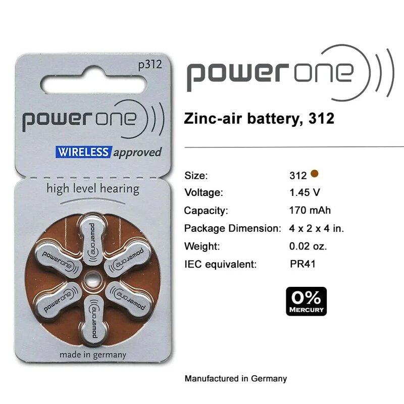 Batería de Zinc Powerone para audífono, 60 piezas, Para ITC CIC 312, 312A, A312, PR41, envío directo