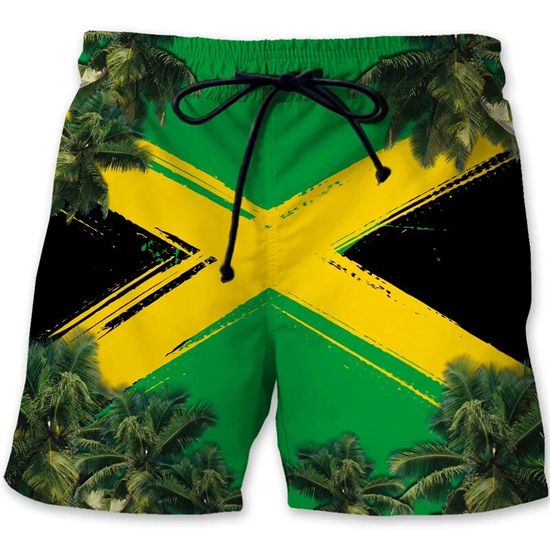자메이카 사자 국가 패턴 남성용 해변 반바지, 3D 프린트 자메이카 국기 수영복, 여름 하와이 수영 트렁크, 시원한 아이스 반바지
