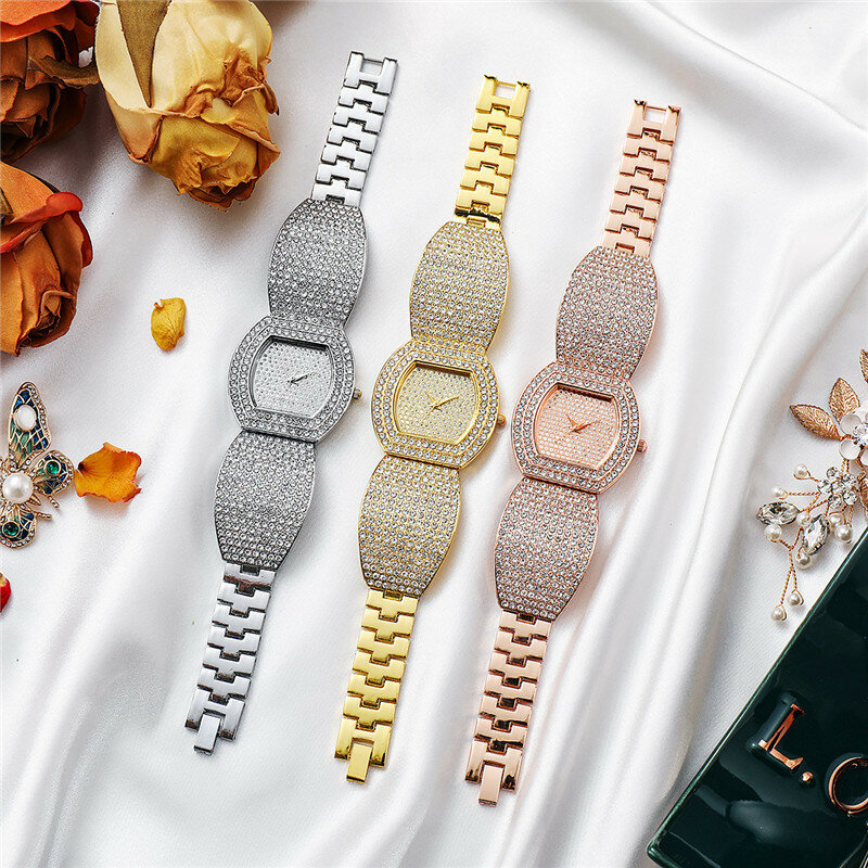 Jam tangan kuarsa untuk wanita, jam tangan tali baja tahan karat berlian penuh mewah Minimal tanpa skala untuk wanita