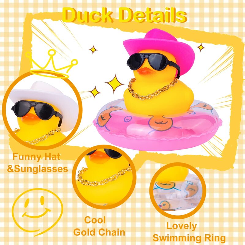 Car Duck Car Rubber Dashboard Decorations Ornament Yellow Rubber Duck with Mini Swim Ring Sun Cowboy Hat Necklace