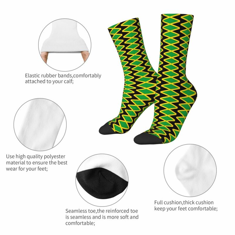 Unisex bandeira jamaicana meias, amarelo, verde, meias Harajuku, outono, anti derrapante, médio, padrão macio, meias ao ar livre