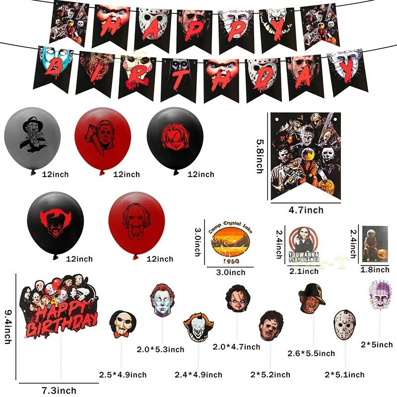 Clássico Horror Movie Character Party Decor Kits, Banner de Pano, Balão, Pulseiras, Adesivos, Vestir, Acessórios para Halloween