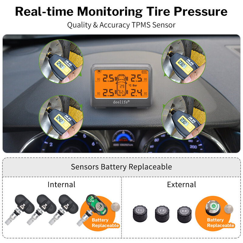Deelife-sistema de supervisión de presión de neumáticos Solar TPMS para coche, con batería de neumático de 4 ruedas, sensores externos internos reemplazables, TMPS