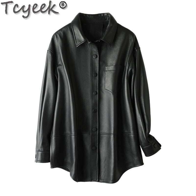 Tcyeek-Chaqueta de piel auténtica para mujer, abrigo de piel de oveja de longitud media, camisa de cuero, primavera y otoño, 2023