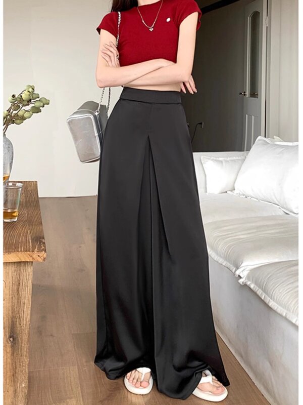 Houzhou celana setelan ผ้าซาตินสำหรับสาวออฟฟิศไซส์ใหญ่พิเศษแนววินเทจสำหรับผู้หญิงกางเกงขอบยางยืดดูอ่อนเยาว์ MODE Korea สง่างาม