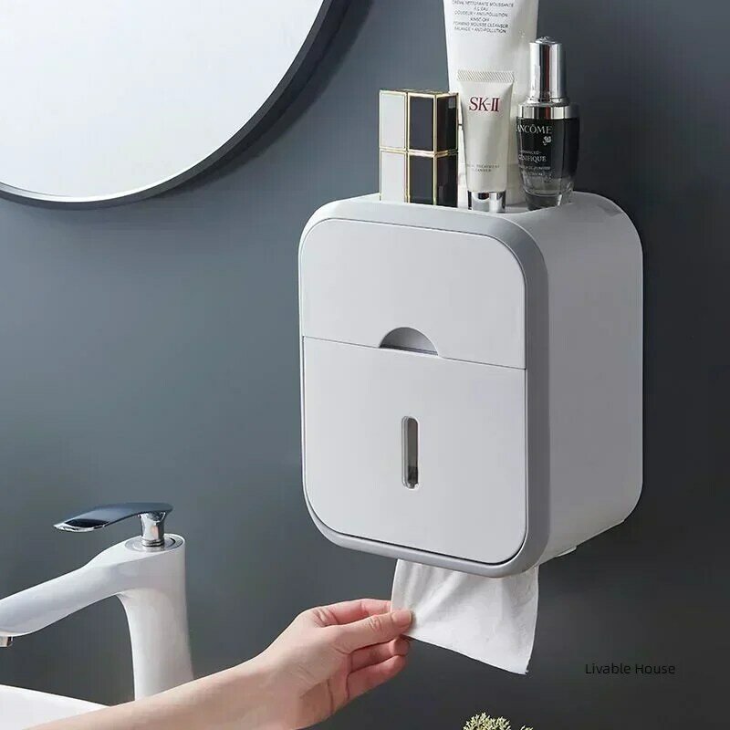 Soporte de papel higiénico para baño, caja de almacenamiento de pañuelos de carrete impermeable, sin perforaciones, para cocina y baño