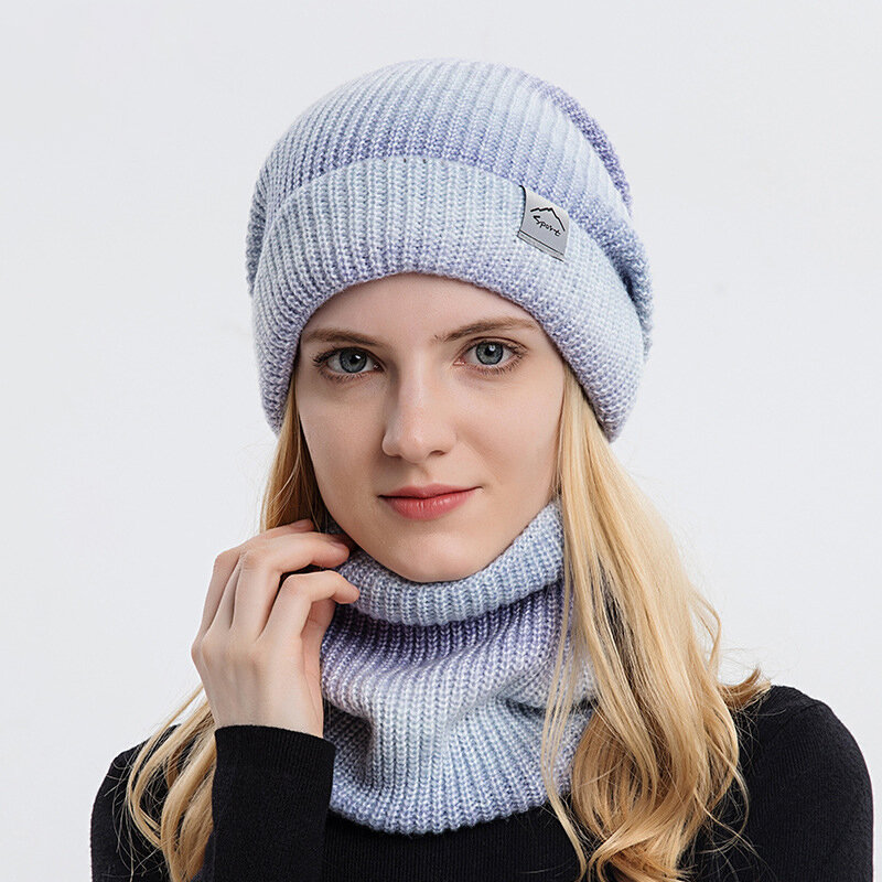 Women's Winter Keep Warm Beanie Scarf Set 2 Pieces Lady Fleece Lining Woolen Yarn Hat Knit Neck Gaiter Gradient Color Wholesale