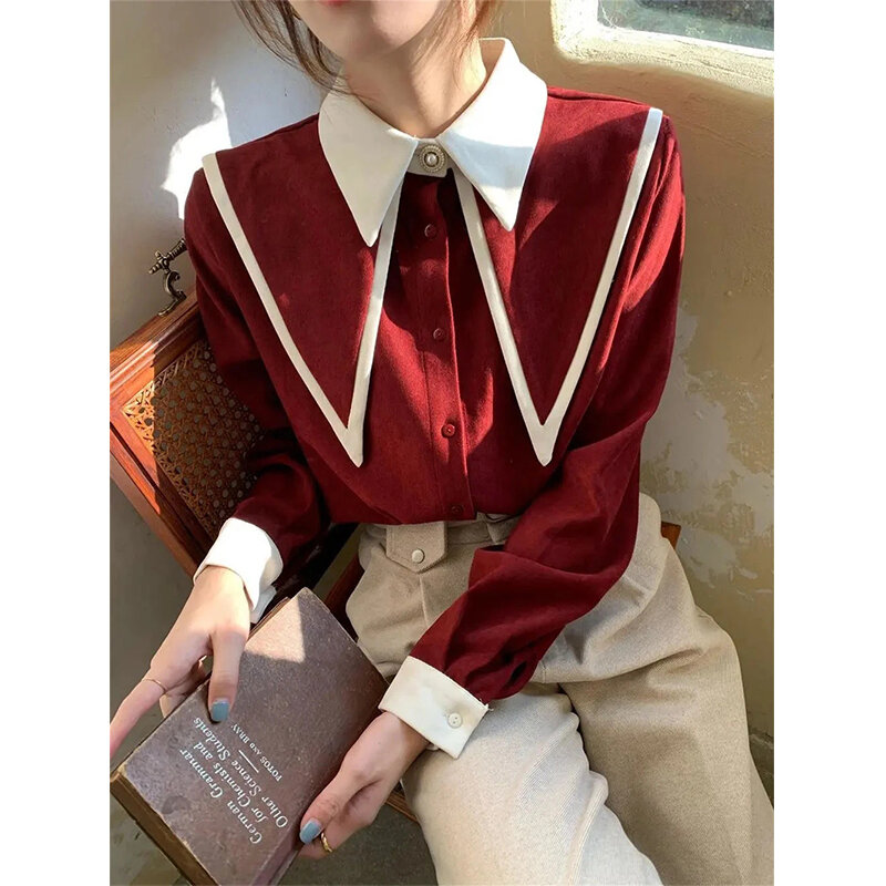 Mexzt Vintage elegante Hemden Frauen Chiffon Patchwork Rüschen drehen Kragen Langarm Bluse koreanische Büro Dame lose Tops