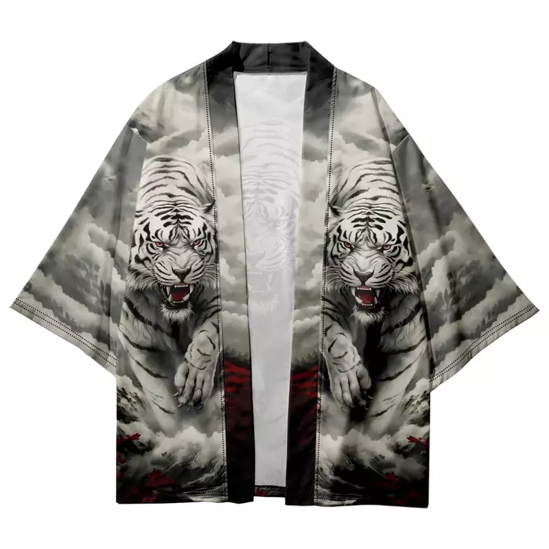 Camisas Haori con estampado de tigre para hombres y mujeres, ropa de calle Harajuku, cárdigan tradicional, Tops de playa Yukata, Kimono japonés de talla grande