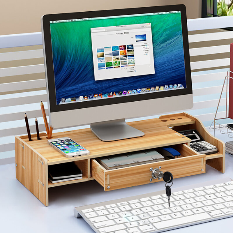 Support de moniteur construit avec tiroir de rangement adapté à l'écran d'ordinateur portable, organisateur de bureau avec support de téléphone et de tablette