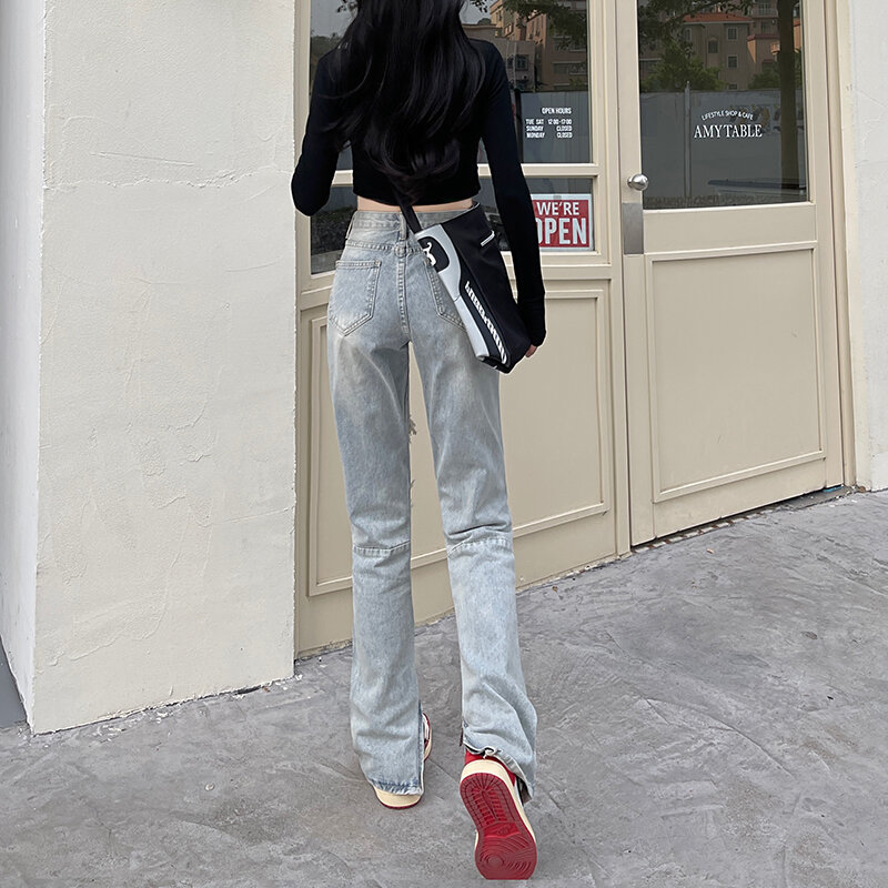 Streetwear Vintage กางเกงยีนส์แต่งลายขาดๆผู้หญิงใหม่เอวสูงล้างเก่า Slit กางเกงขาทรงกระบอกแฟชั่นกางเกงยีนส์ Grunge หญิง