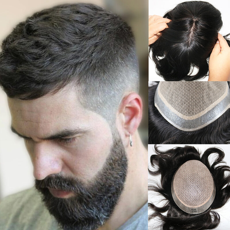 Keren Pria Halus lurus 100% rambut manusia prostesis penuh sutra dasar pria rambut palsu alami garis rambut tahan lama pria wig pengganti