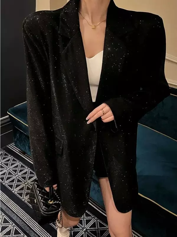 Tossy Sequin Glitter Lapel Suit Outwear For Women Luxury Long Sleeve Fashion Pocket Elegant Sparkle Coat Women's Suit Outwear