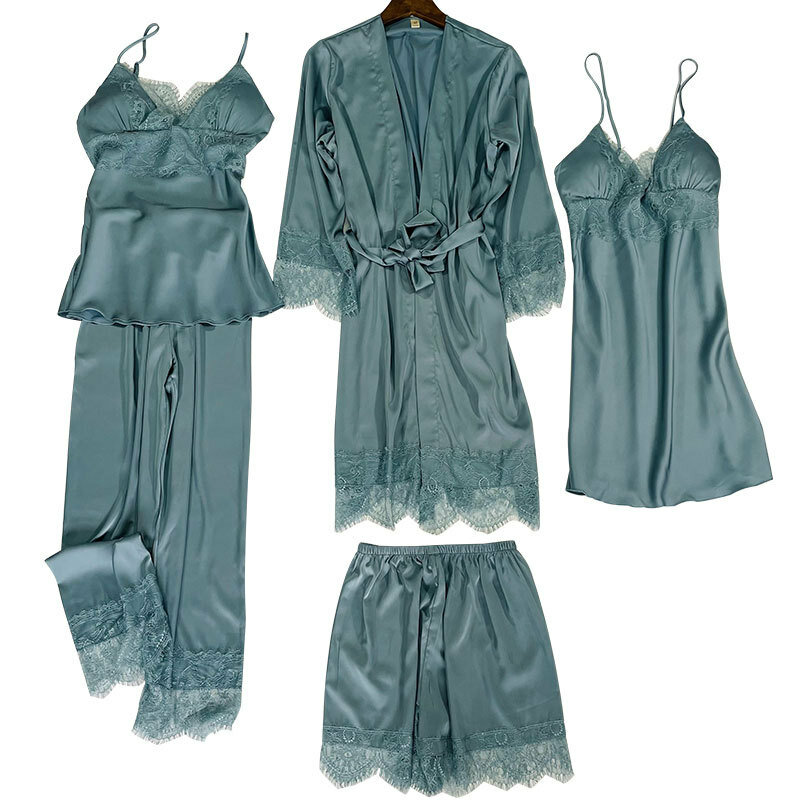 Pijama de seda gelo feminino, shorts com almofadas no peito, renda coreana, ternos sexy, verão, conjunto de 5 peças