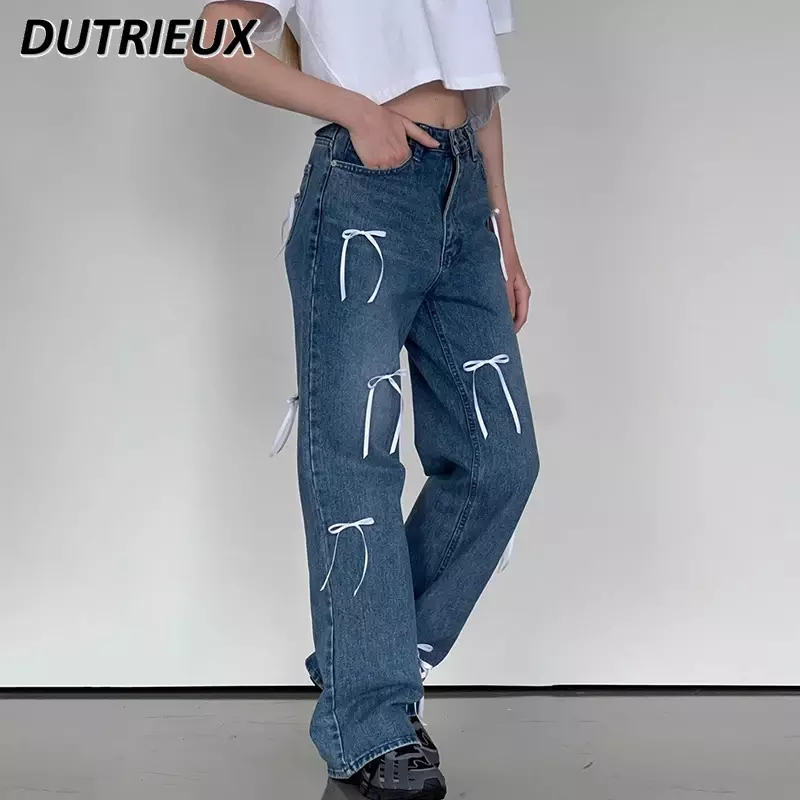 Весенние винтажные Украшенные бантом джинсы с высокой талией в американском стиле милые универсальные прямые брюки из денима с широкими штанинами для женщин