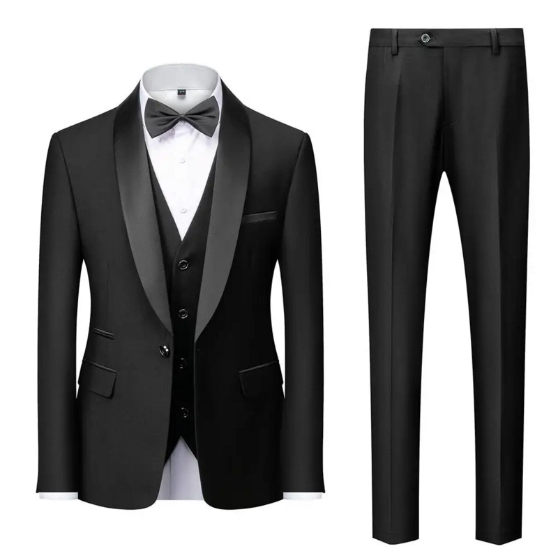 Conjunto de terno preto masculino, casual, casamento, xale, lapela, smoking noivo, jaqueta, colete, calça, 3 peças
