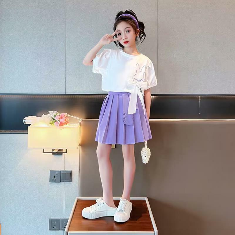 Set pakaian Korea anak perempuan 5-14 tahun, Set atasan lengan gelembung pita, Set rok lipit lengan pendek untuk anak perempuan usia 5-14 tahun