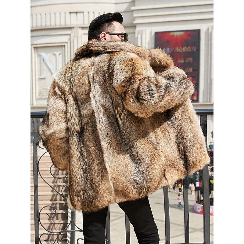 Fangtai-Manteau en fourrure de coyote de luxe nord-américain pour hommes, veste en peau de loup naturelle, col trempé, long, chaud, loisirs, hiver, nouveau, 2023