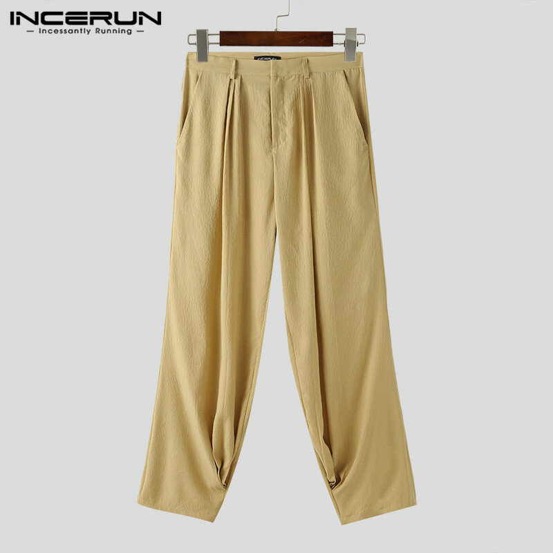 INCERUN Men Pants Solid Color Pleated Joggers Loose Pockets Casual Trousers Men Streetwear 2024 Fashion Leisure Long Pants S-5XL