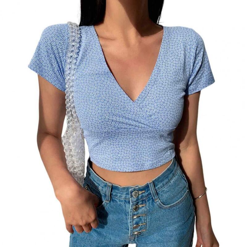 Women Blouse Retro Slim V Neck Tee Shirt Summer Top With Small Flower Print Waist-exposed Pullover Blouse