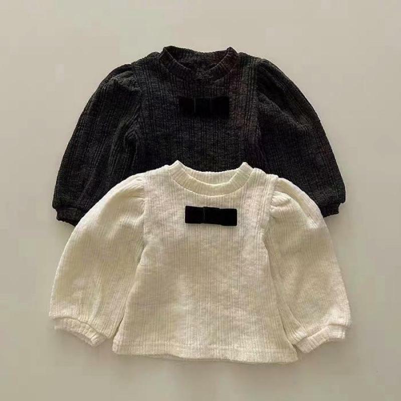 2024 Spring New Baby Girl Puff Sleeve T Shirts Infant Solid Bow Sweet Princess Tops Toddler Cotton Casual Bottoming Shirt 0-24M