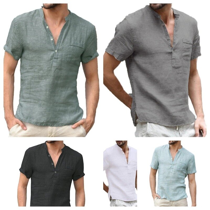 7 cores disponíveis Camisas de Linho de Algodão dos homens Casuais, Manga Curta, V-Collar, T dos homens Respiráveis, Roupas Masculinas, Nova Moda