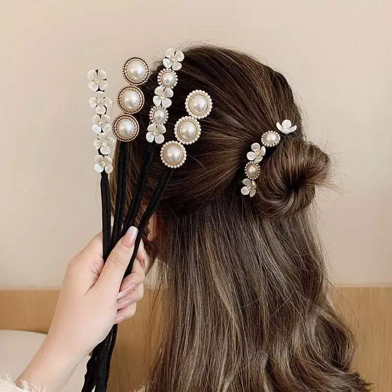 Pembuat Sanggul bunga mutiara elegan, alat pengeriting rambut malas Korea, aksesori jepit rambut kepang