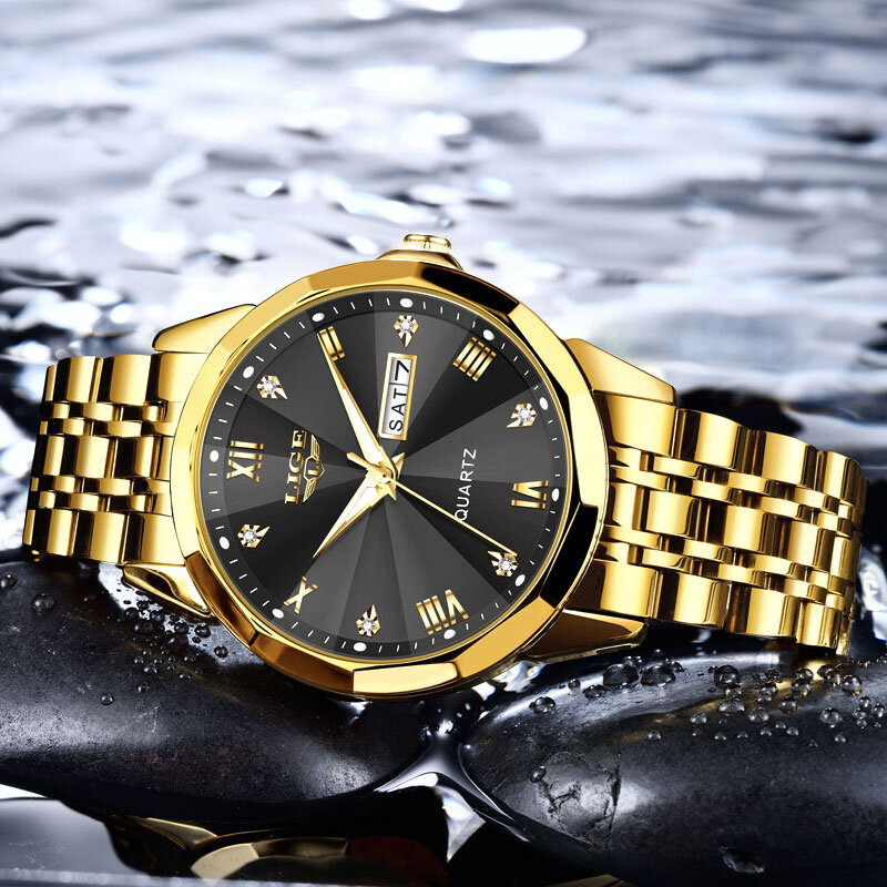 นาฬิกา Lige สำหรับผู้ชายหน้าปัดเพชรสุดหรูปฏิทินธุรกิจนาฬิกาข้อมือชายสายสแตนเลสนาฬิกากันน้ำ