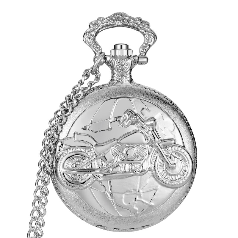 Новые карманные часы серебристого цвета с рисунком мотоцикла, кварцевые часы с ожерельем, кварцевые часы для мужчин