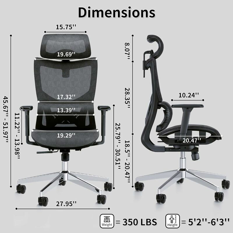 Chaise de bureau ergonomique avec accoudoir 3D, grande et grande chaise de bureau d'ordinateur avec repose-sauna réglable, profondeur du siège, support lombaire