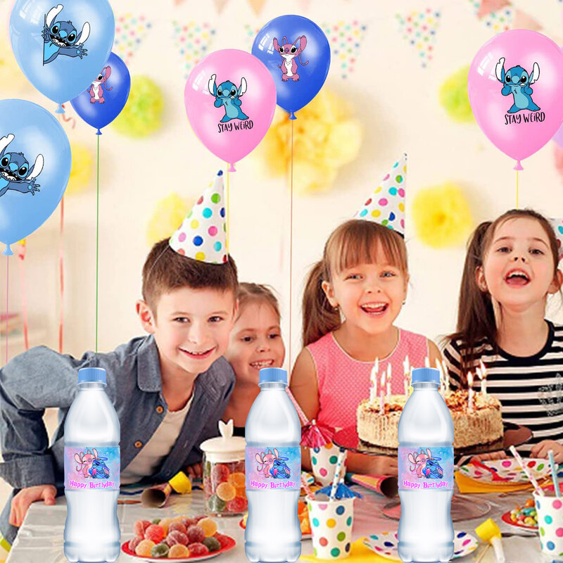 Etiquetas de botella de agua para Disney Lilo y Stitch, suministros de fiesta, decoraciones de cumpleaños, pegatinas para niños y niñas, fiesta de Baby Shower