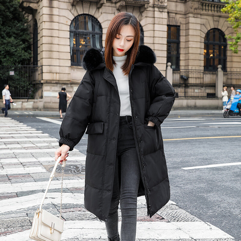 Casaco longo de pato para mulheres, casaco quente à prova de vento, colarinho de pele grande, grosso, versão coreana, novo, inverno, 90 branco, 2023