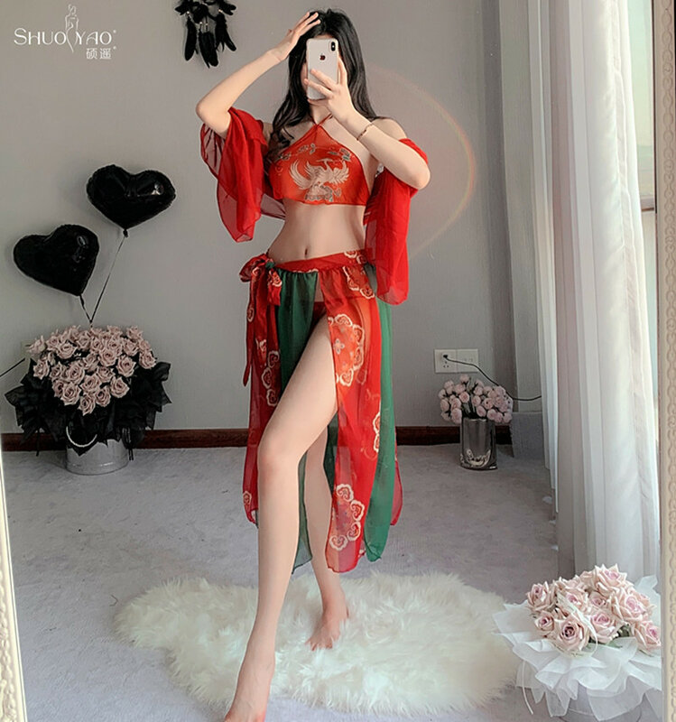Sexy pajamas ancient courtly style pure Hanfu belly-pocket set seduces Dunhuang flying phoenix female nightdress adult onesie