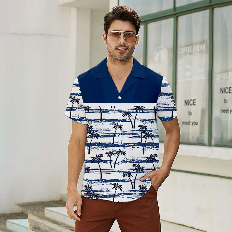남성 여름 패션 탑 셔츠, 해변 레저 해변 프린트 셔츠, 우아한 버튼 탑 블라우스, 캐주얼 대형 티셔츠